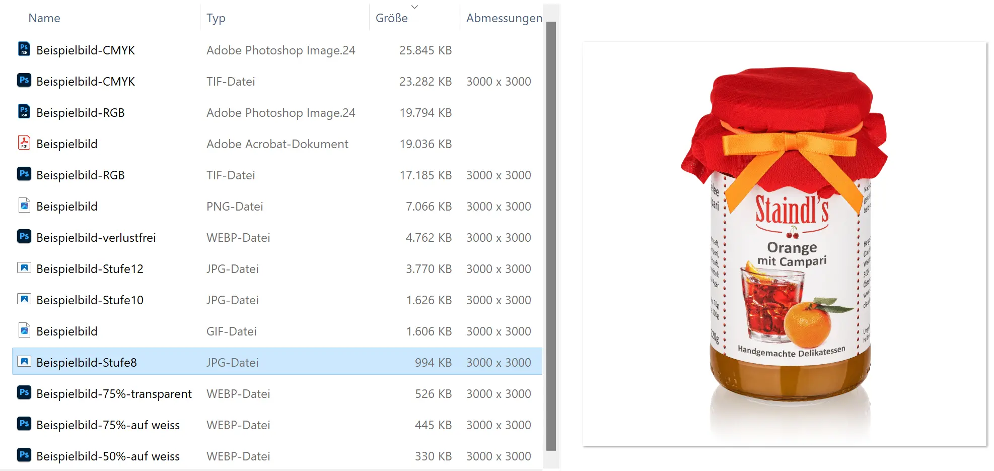 Vergleichsbeispiel für die Dateigröße von komprimierten Bildern Professionelles Produktfoto eines Staindl's Orangen-Campari-Glases in einer digitalen Dateiliste der PRO-ducto GmbH.